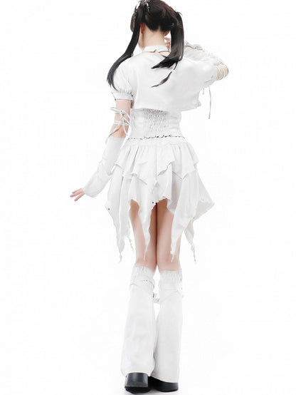 Tiered Ruffles Skirt Studs Details Hem White Handkerchief