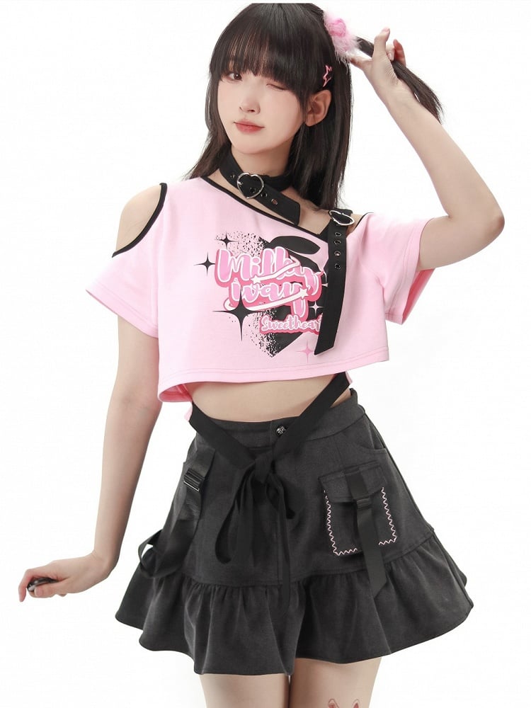 Rosa asymmetrisches T-Shirt mit offener Schulter und Grafik