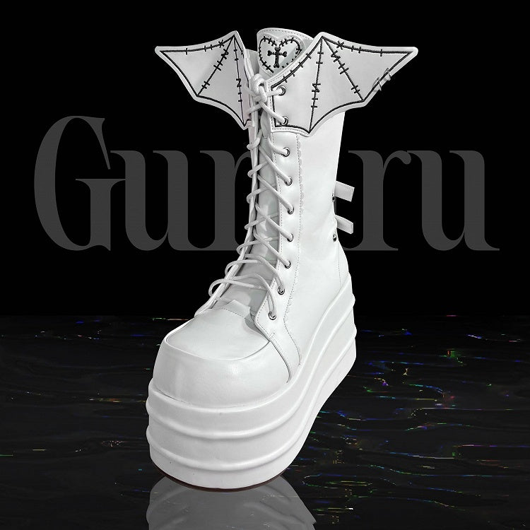 White Lace-up Design Boots Goth Bat Platform Tie Wings