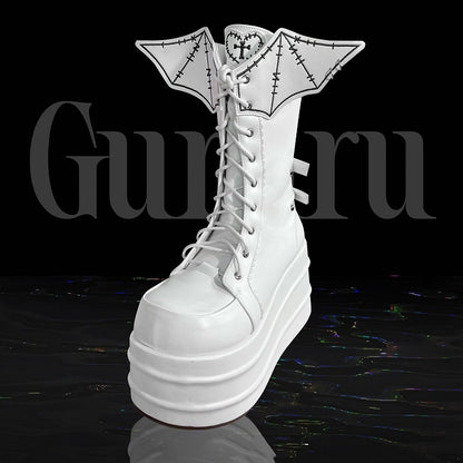 White Lace-up Design Boots Goth Bat Platform Tie Wings