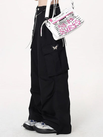 Pants Chain Wide-leg Black Techwear Waist with Cargo Butterfly