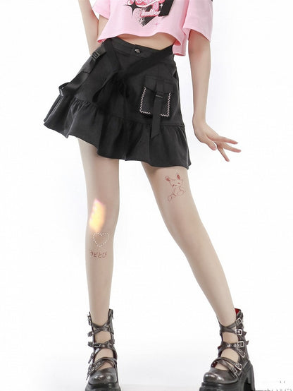 グレーデニムのフリルヘムスカート（ダークミニ）