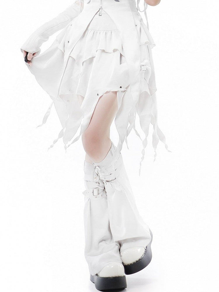 Tiered Ruffles Skirt Studs Details Hem White Handkerchief