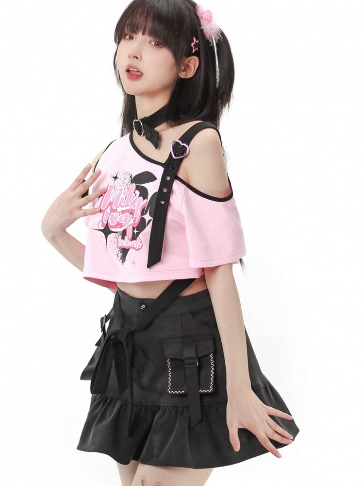 Rosa asymmetrisches T-Shirt mit offener Schulter und Grafik