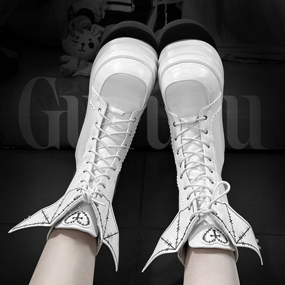 White Lace-up Design Boots Goth Bat Platform Tie Wings