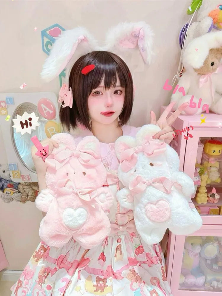 Clearance-Bowknots Pink Rabbit-shaped Crossbody Plush Details