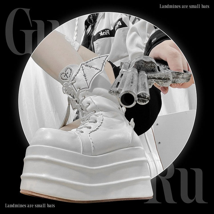 White Lace-up Design Boots Goth Bat Platform Tie Wings