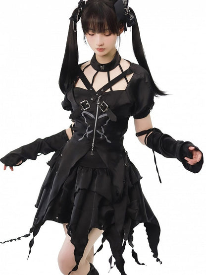 Kurzes Top + Schnürset, unregelmäßiger Aufdruck, schwarzes Neckholder-Top + Schmetterlingsärmel