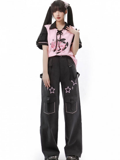 Black T-shirt Pink Detail and Lace-up Graphic