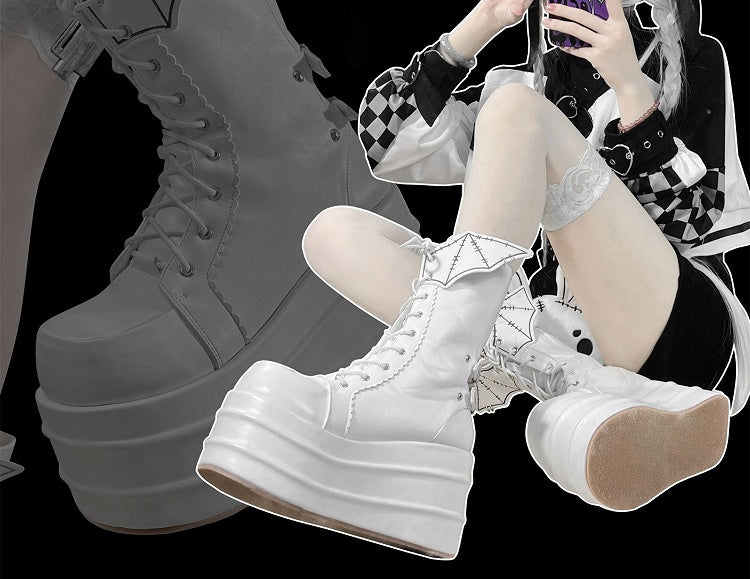White Lace-up Design Boots Goth Bat Platform Tie Wings