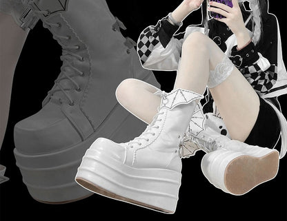 White Lace-up Design Boots Goth Bat Platform Tie Wings