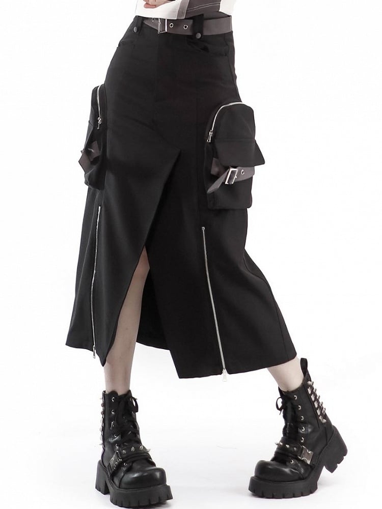 Techwear Cargo Skirt with Long Slit in Black - PINK SAVIOR