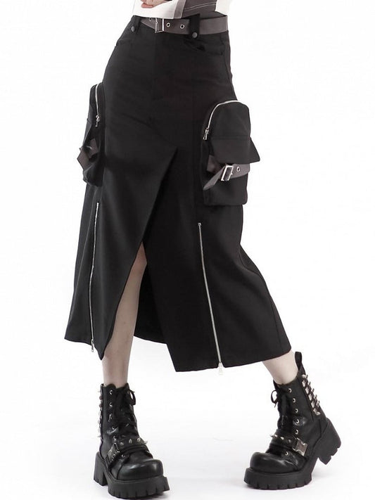 Techwear Cargo Skirt with Long Slit in Black - PINK SAVIOR