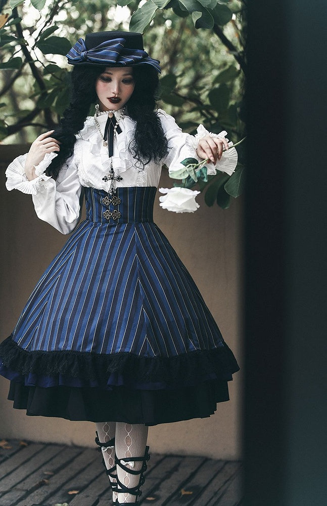 Bluse Gothic Kragen / Weiß Dunkel – Blau) Verfügbar Rot Hoch Farben Lolita Stoff 4 Gewaschen in Wildleder (Schwarz