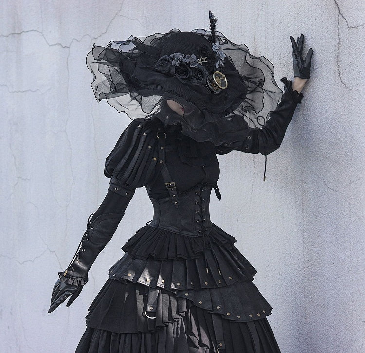 Black Gothic Lolita Shirt, Juliette Sleeves Steampunk Top, Plus Size - FOXTROT