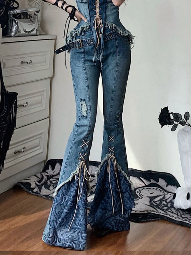Schlaghose aus Denim mit Patchwork-Schnürung