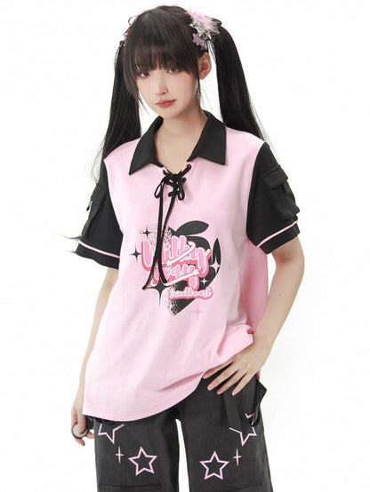 Black T-shirt Pink Detail and Lace-up Graphic