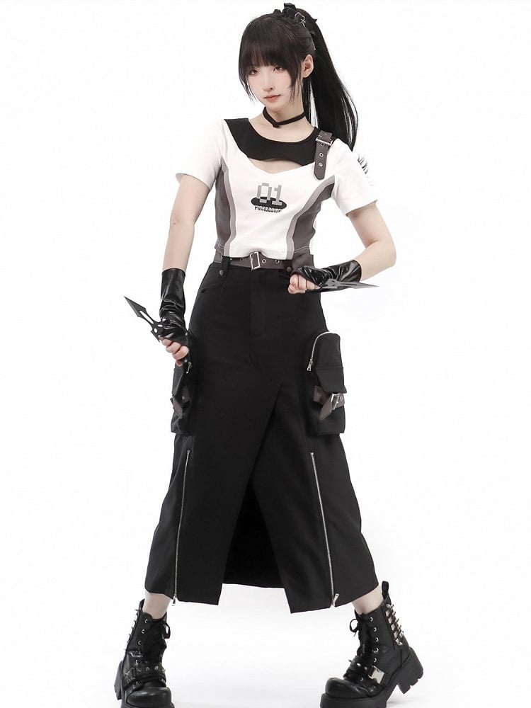 カーゴロングテックウェアウェイストランドブラックスリットスカート