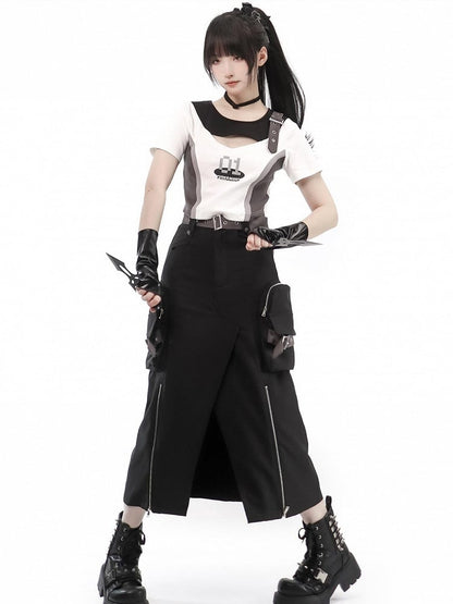 Techwear Cargo Skirt with Long Slit in Black - PINK SAVIOR