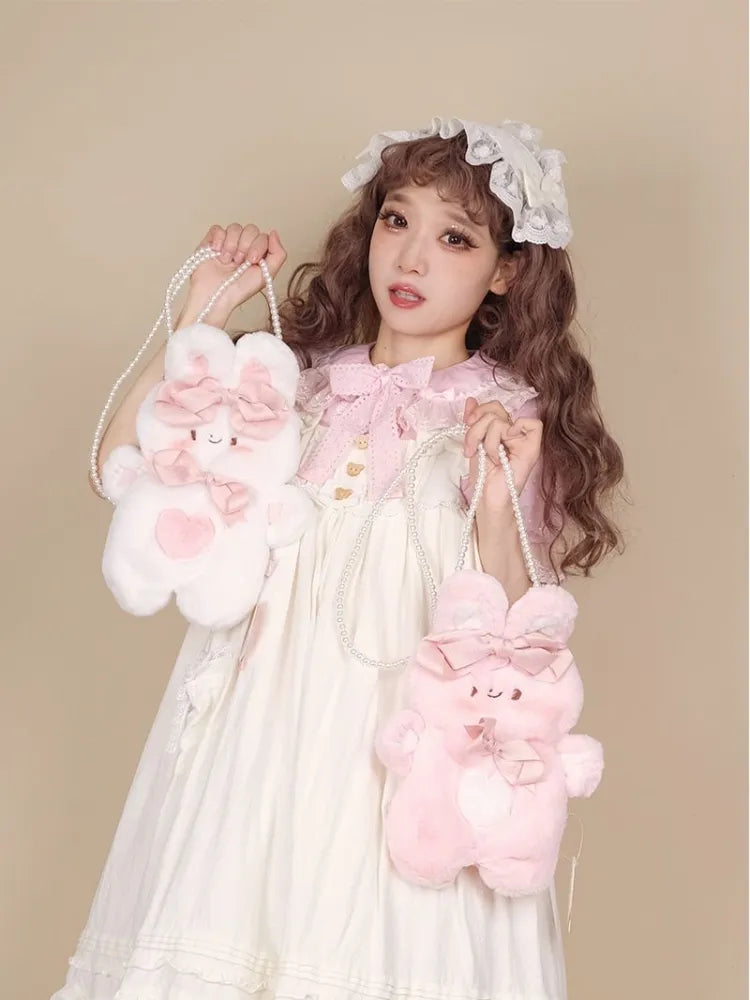 Clearance-Bowknots Pink Rabbit-shaped Crossbody Plush Details