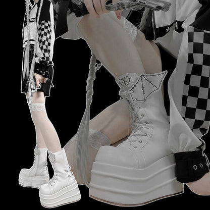 White Lace-up Design Boots Goth Bat Platform Tie Wings