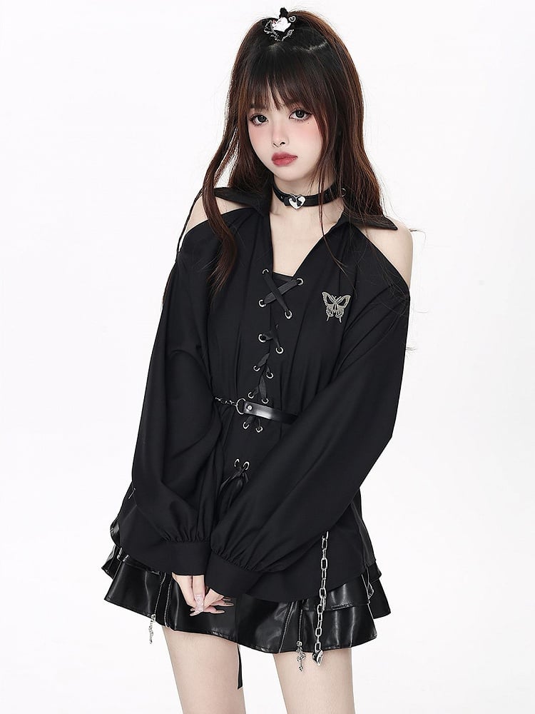 with Open-shoulder Free Lace-up Black Shirt Chain Waist