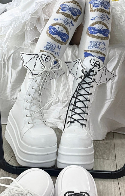 White Lace-up Design Boots Goth Bat Platform Tie Wings
