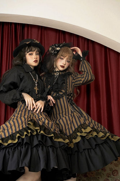 mit gestreifter Schnürung Gothic Petite Rüschenkragen Lolita Kleid Taille