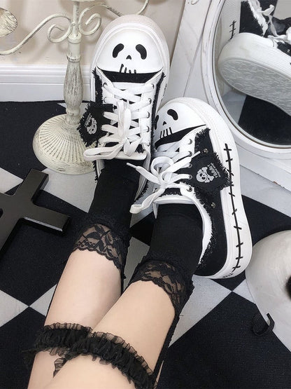 with Lace-up Sneakers White Flag Closure Black Ghost Y2K