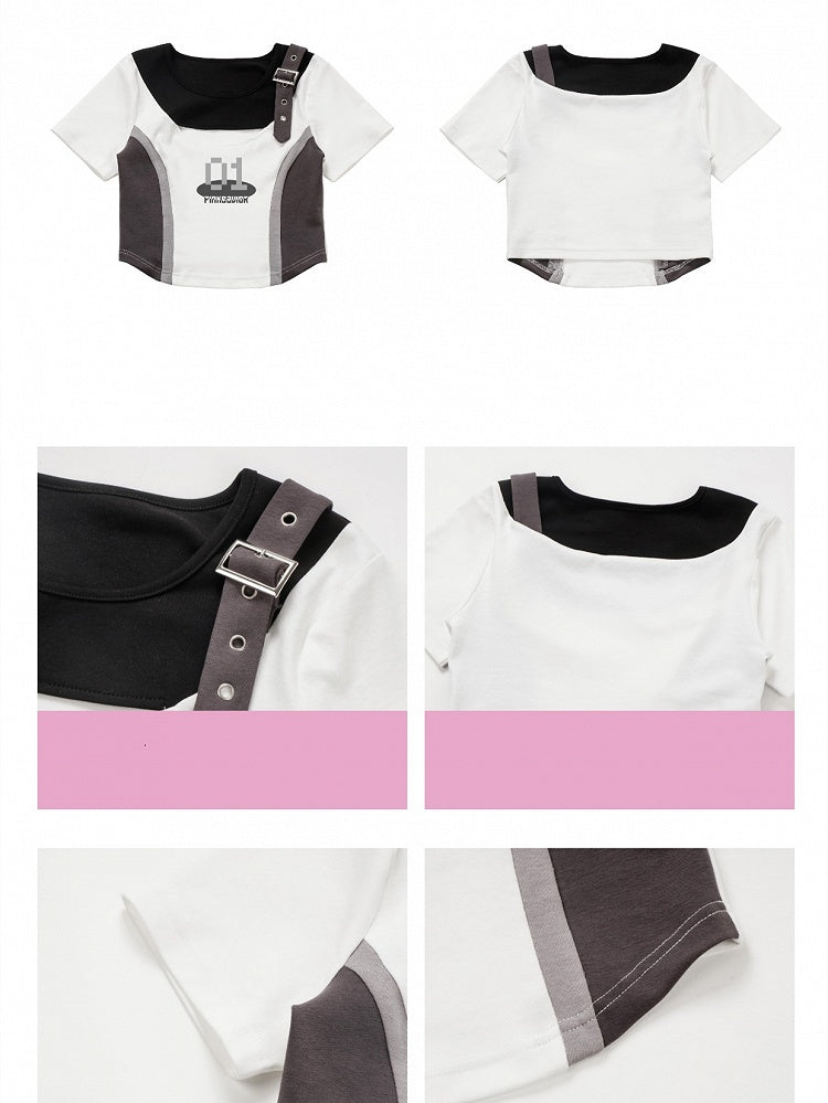 Ausgeschnittenes Colorblock-Techwear-T-Shirt-Design auf der Brust