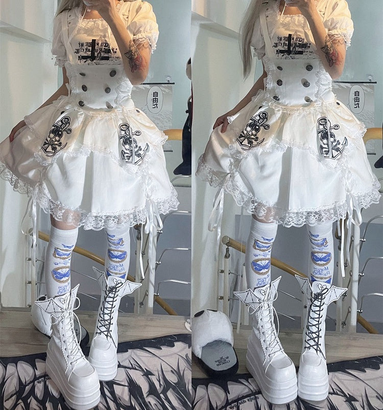 White Lace-up Design Boots Goth Bat Platform Tie Wings