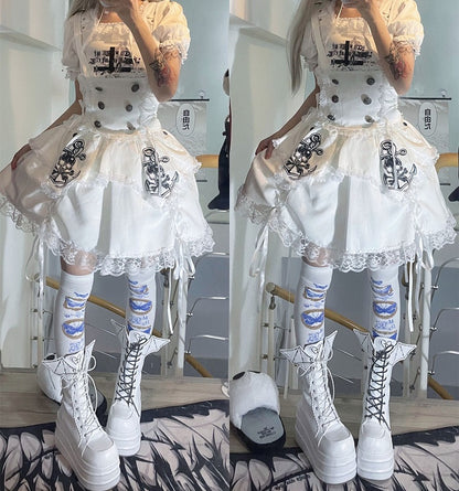 White Lace-up Design Boots Goth Bat Platform Tie Wings