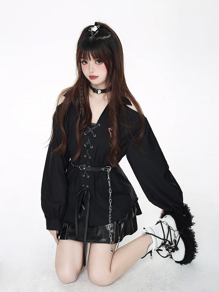 with Open-shoulder Free Lace-up Black Shirt Chain Waist