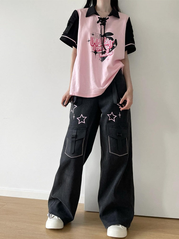 Black T-shirt Pink Detail and Lace-up Graphic
