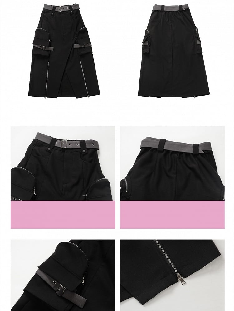 Techwear Cargo Skirt with Long Slit in Black - PINK SAVIOR