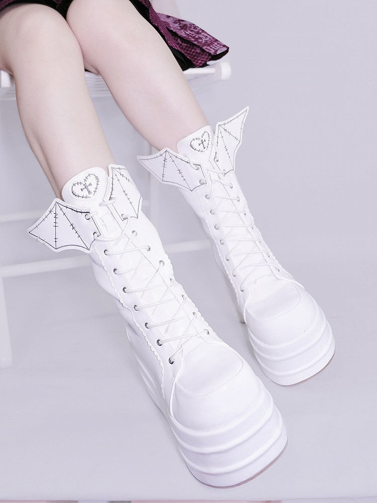 White Lace-up Design Boots Goth Bat Platform Tie Wings