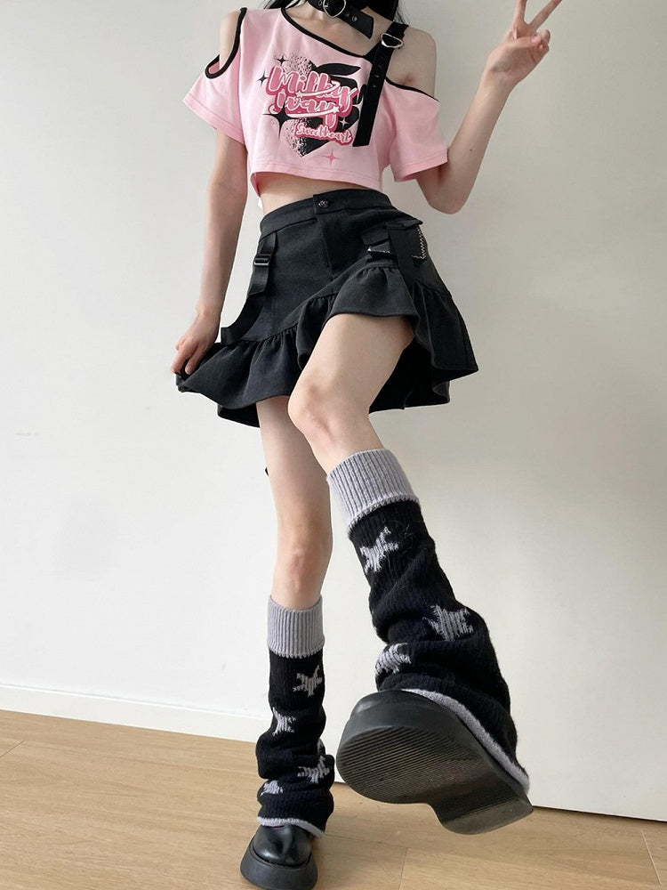 デニムフリルヘムスカート グレー ミニ ダーク