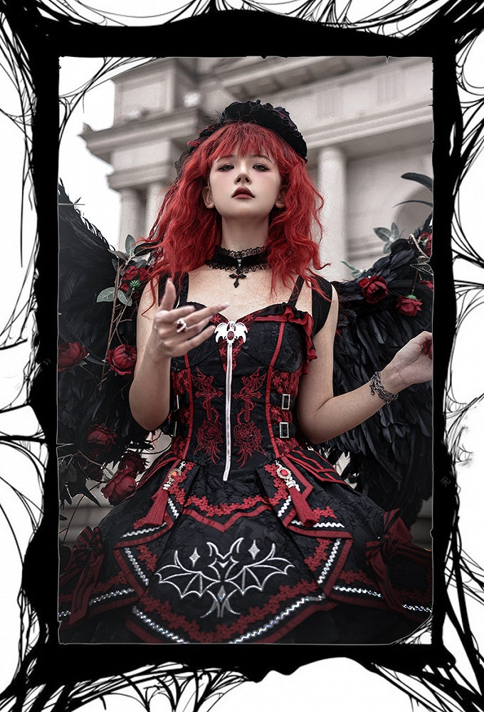 Gothic Bat Black Cross Embroidery Lolita Front Red JSK and Buckle Side Zip