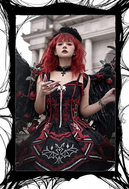 Gothic Bat Black Cross Embroidery Lolita Front Red JSK and Buckle Side Zip