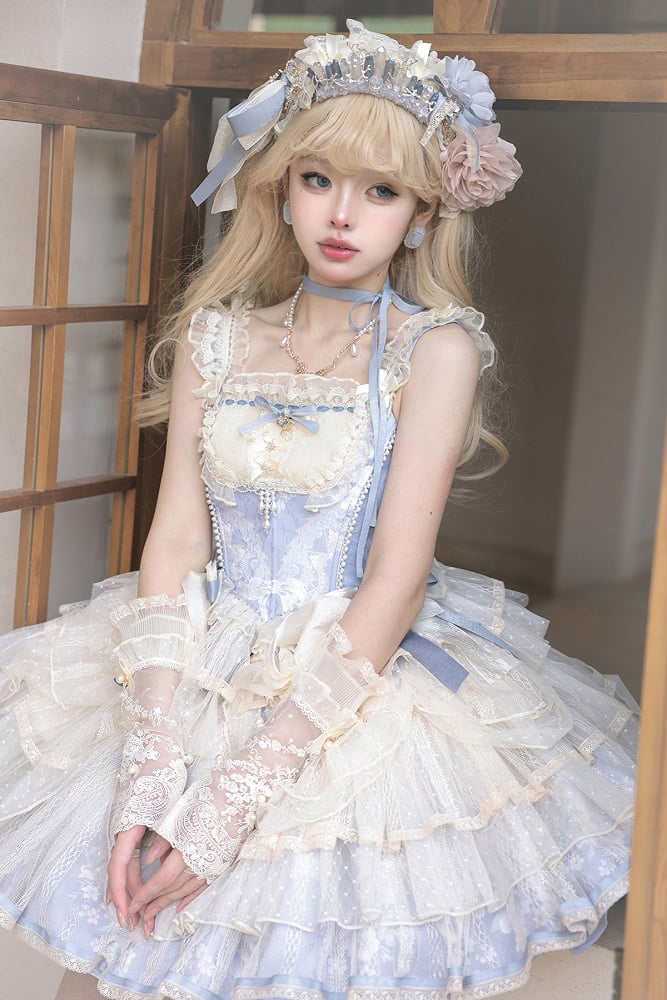 Skirt Corset Blue Boned Balletcore + Print Top Floral Lolita Princess