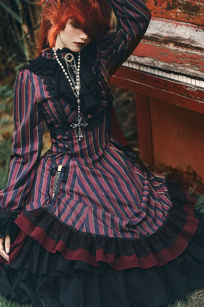 mit gestreifter Schnürung Gothic Petite Rüschenkragen Lolita Kleid Taille