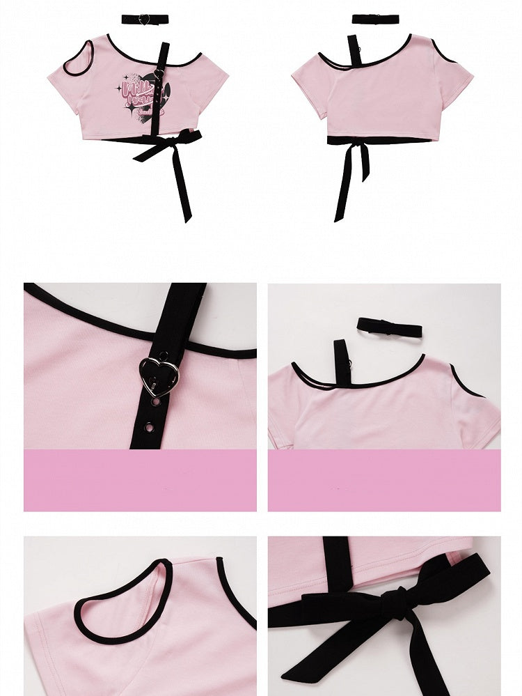 Rosa asymmetrisches T-Shirt mit offener Schulter und Grafik