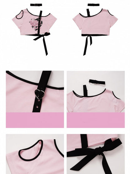 Rosa asymmetrisches T-Shirt mit offener Schulter und Grafik