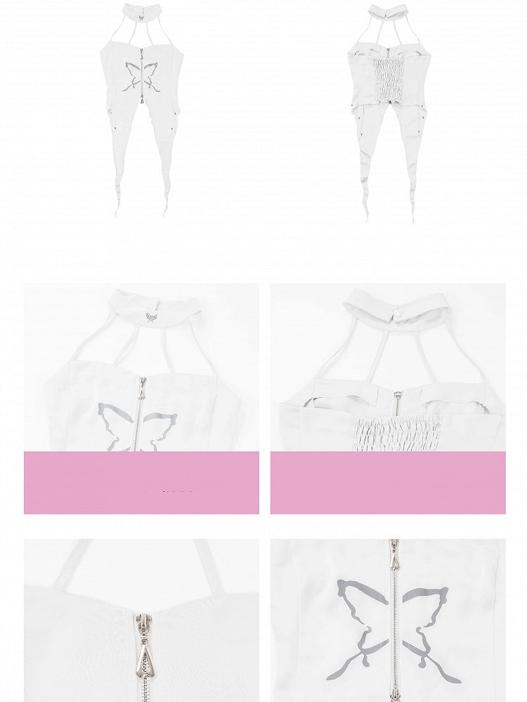 Set-Top mit unregelmäßig verkürzten weißen Ärmeln und Print + Schmetterlings-Top + Neckholder zum Schnüren