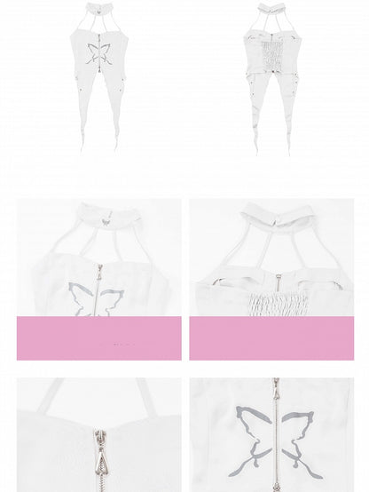 Set-Top mit unregelmäßig verkürzten weißen Ärmeln und Print + Schmetterlings-Top + Neckholder zum Schnüren