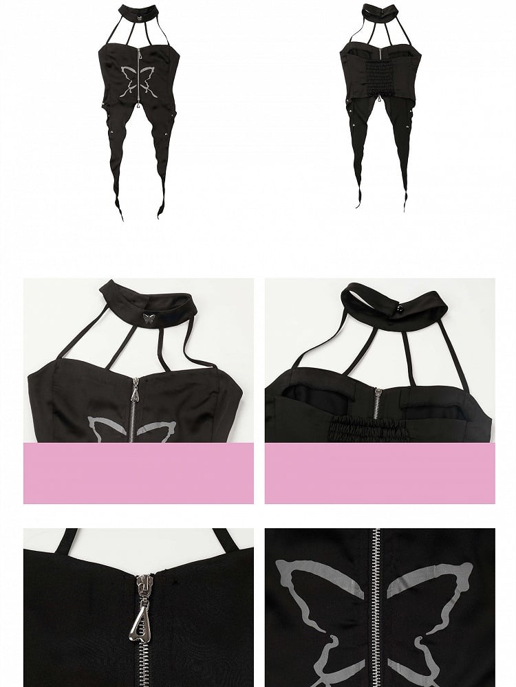 Kurzes Top + Schnürset, unregelmäßiger Aufdruck, schwarzes Neckholder-Top + Schmetterlingsärmel