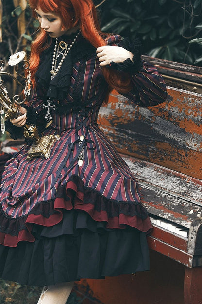 mit gestreifter Schnürung Gothic Petite Rüschenkragen Lolita Kleid Taille