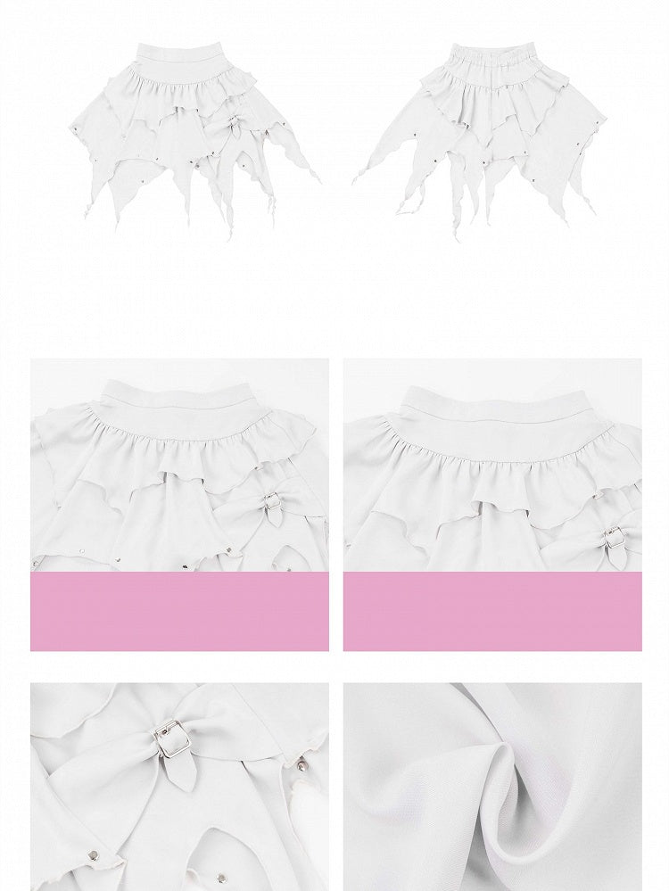 Tiered Ruffles Skirt Studs Details Hem White Handkerchief