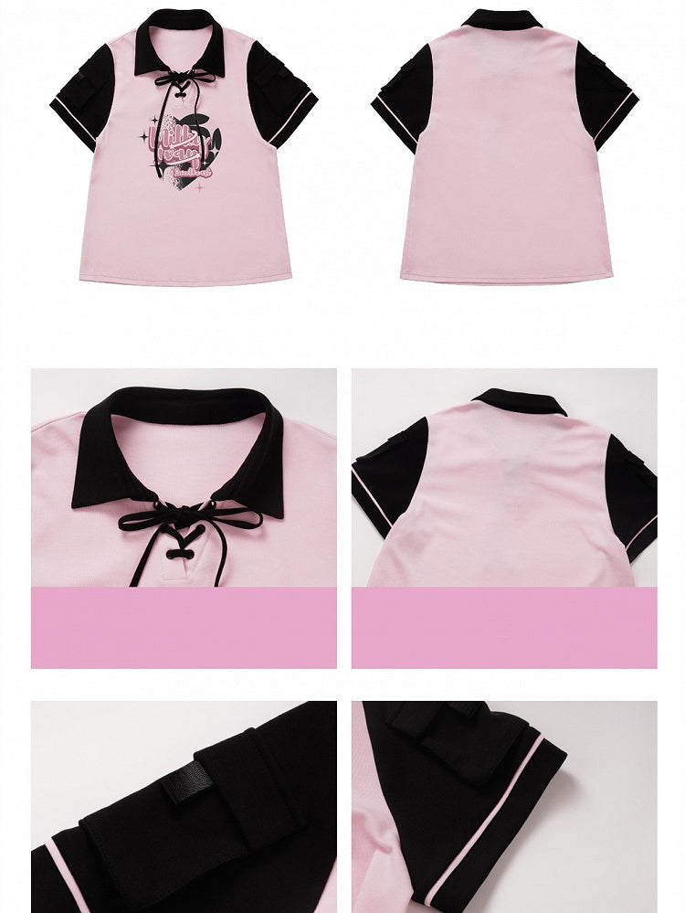 Black T-shirt Pink Detail and Lace-up Graphic