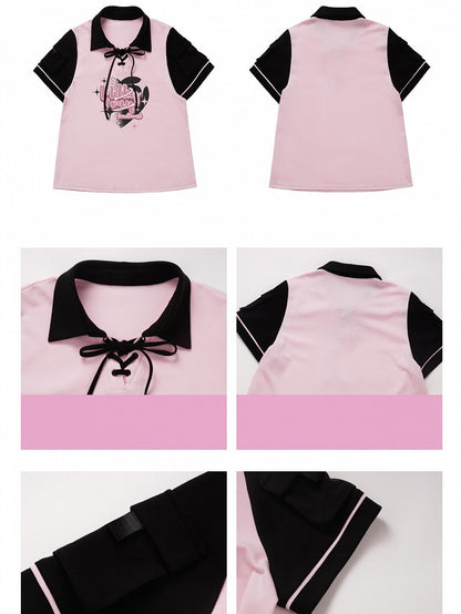 Pink Detail Black Lace-up T-shirt and Graphic